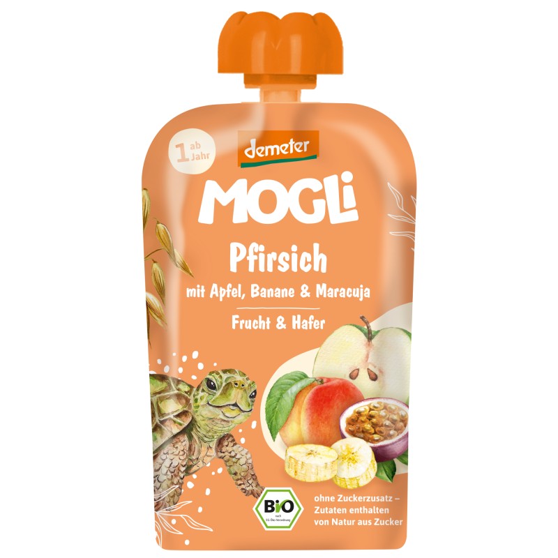 ECO Piure cu piersici, banane, mere, fructul pasiunii si ovaz, 1 an+, Mogli, 100g