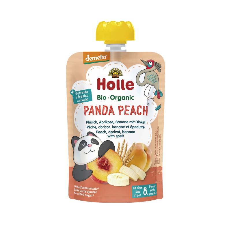 ECO Panda Peach - Piure de piersici, caise si banane, cu fulgi de grau spelta 100g